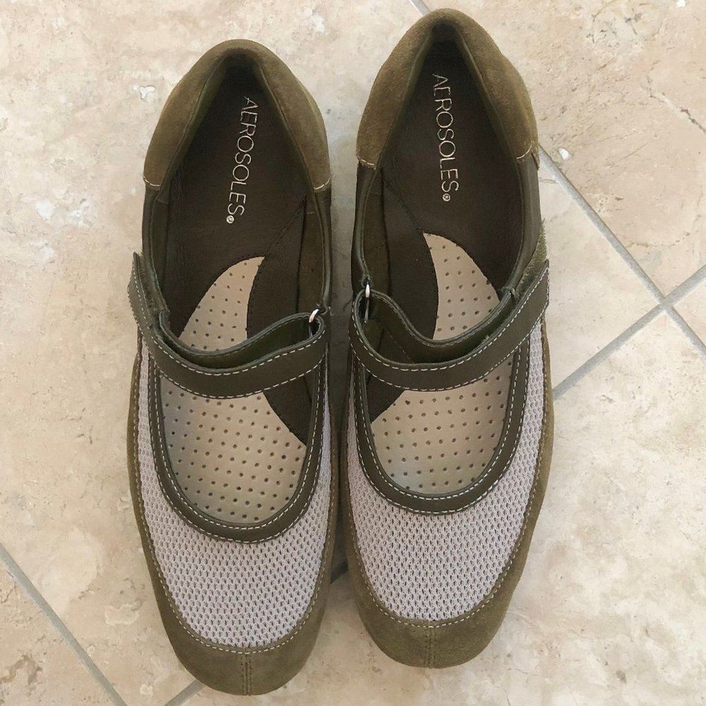 Aerosoles Gram Central Tan Mesh Olive Leather Suede Mary Jane Travel Flat 9 NWOT